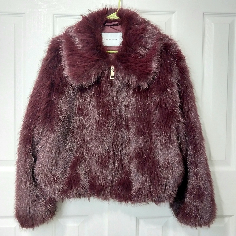 Rebecca Minkoff Fuax Fur Coat, Burgundy, NWT, Size L - Picture 2 of 10
